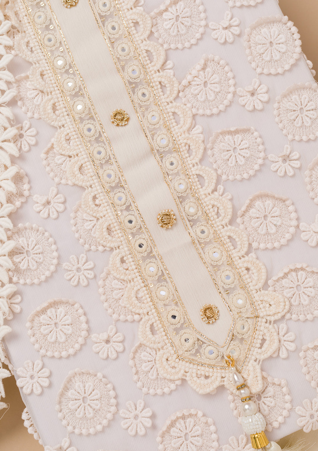 Cream Threadwork Georgette Unstitched Salwar Suit