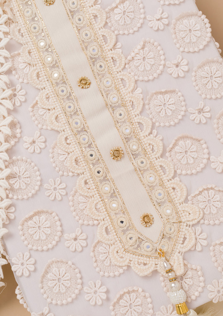 Cream Threadwork Georgette Unstitched Salwar Suit