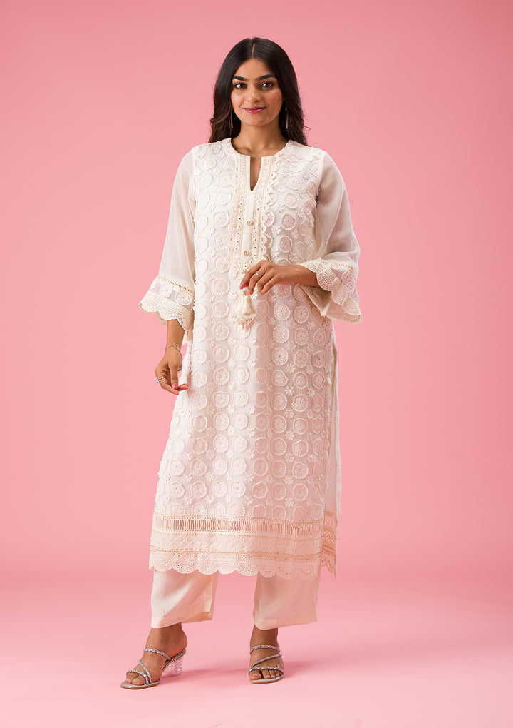 Cream Threadwork Georgette Unstitched Salwar Suit