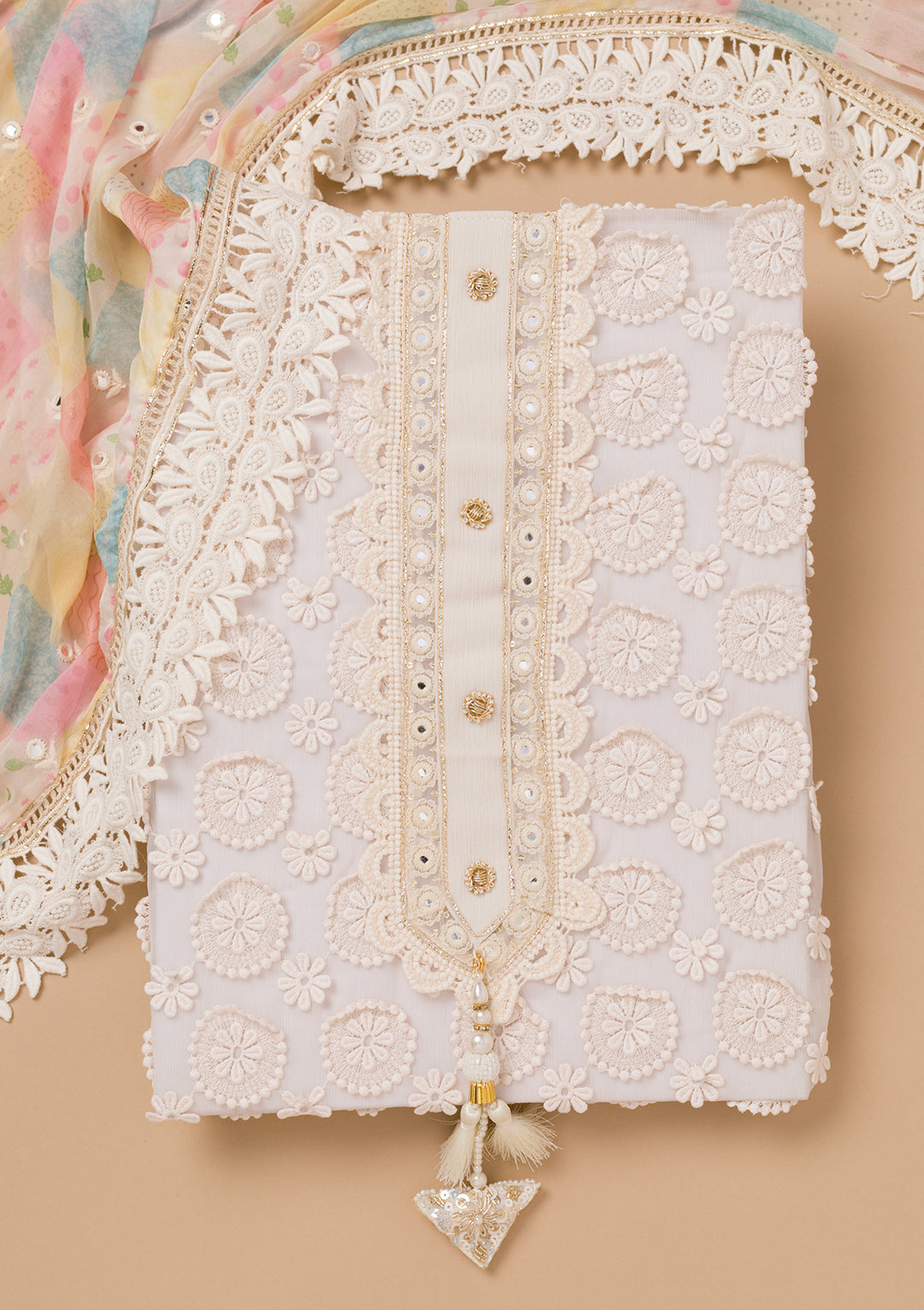 Cream Threadwork Georgette Unstitched Salwar Suit
