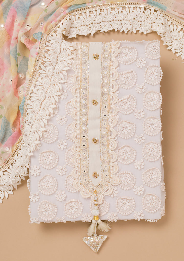 Cream Threadwork Georgette Unstitched Salwar Suit