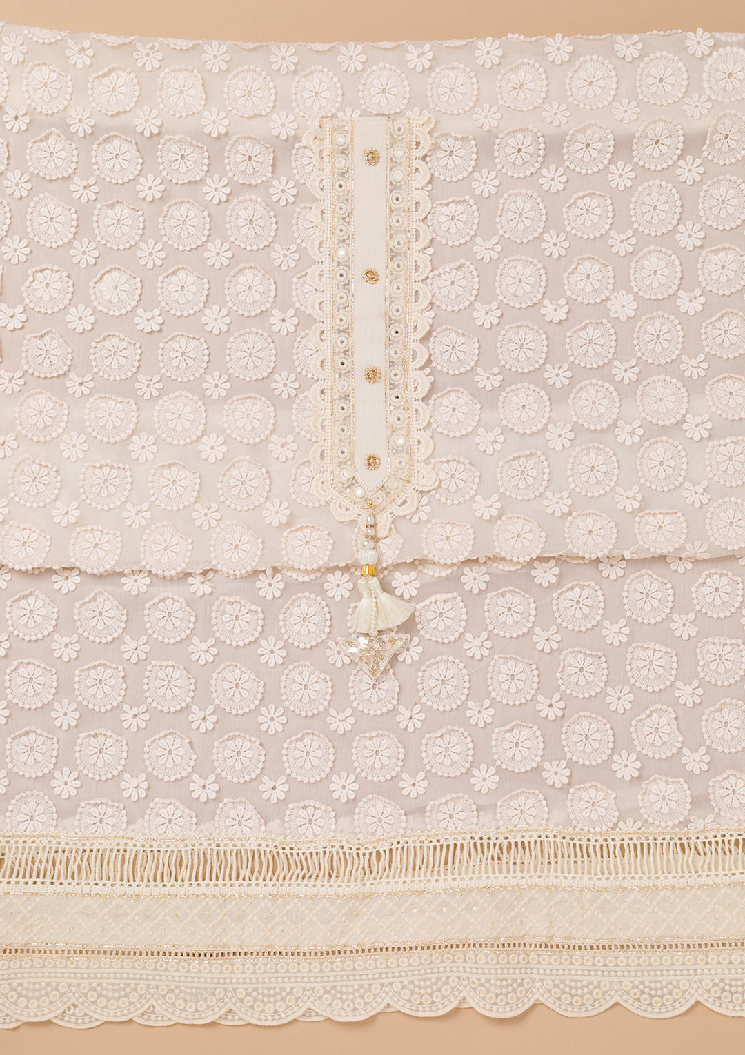 Cream Threadwork Georgette Unstitched Salwar Suit