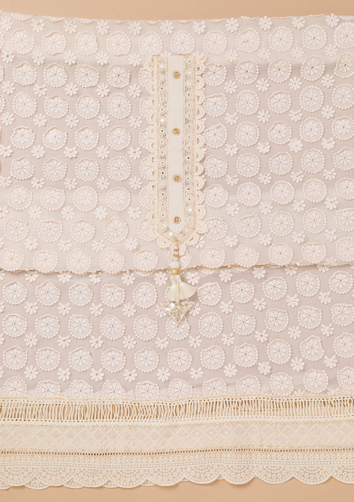 Cream Threadwork Georgette Unstitched Salwar Suit