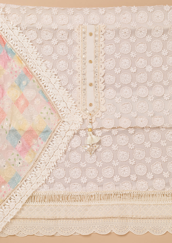 Cream Threadwork Georgette Unstitched Salwar Suit