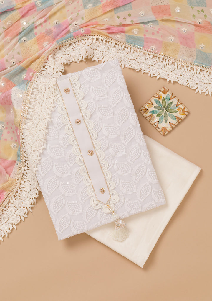 Cream Threadwork Georgette Unstitched Salwar Suit