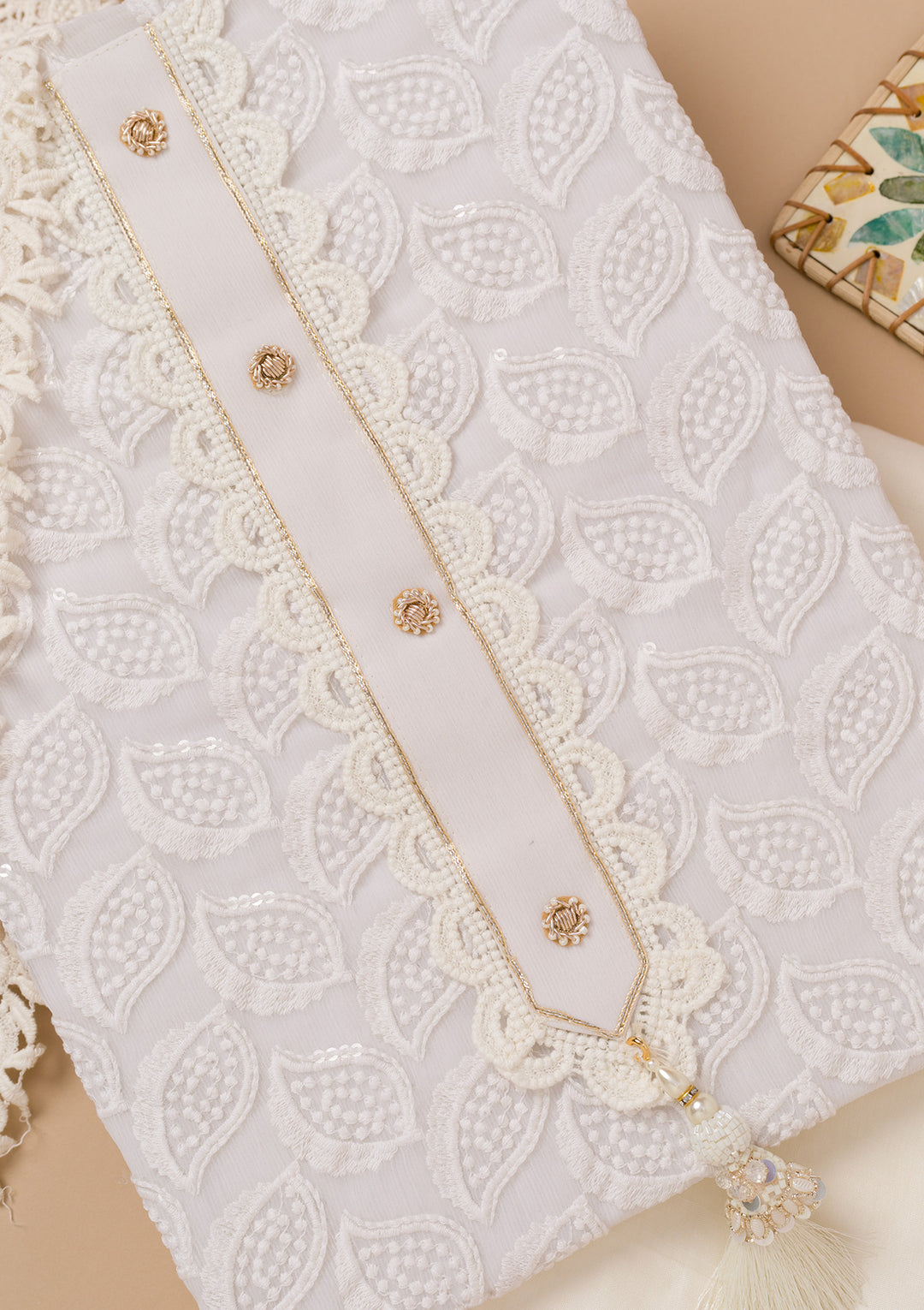 Cream Threadwork Georgette Unstitched Salwar Suit