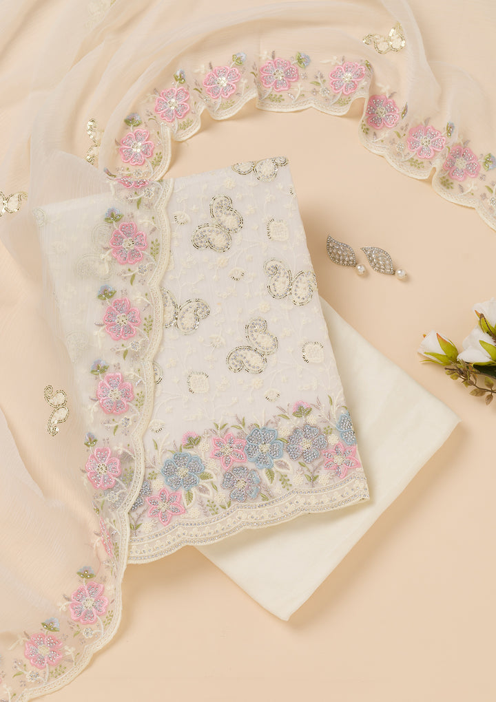 Cream Threadwork Georgette Unstitched Salwar Suit