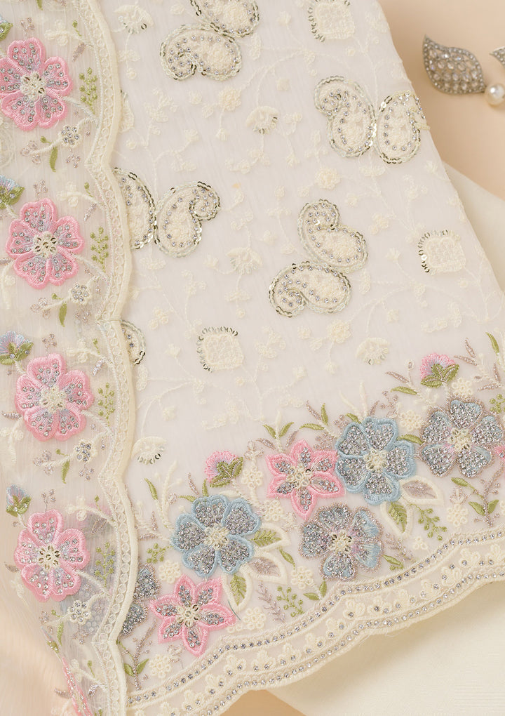 Cream Threadwork Georgette Unstitched Salwar Suit