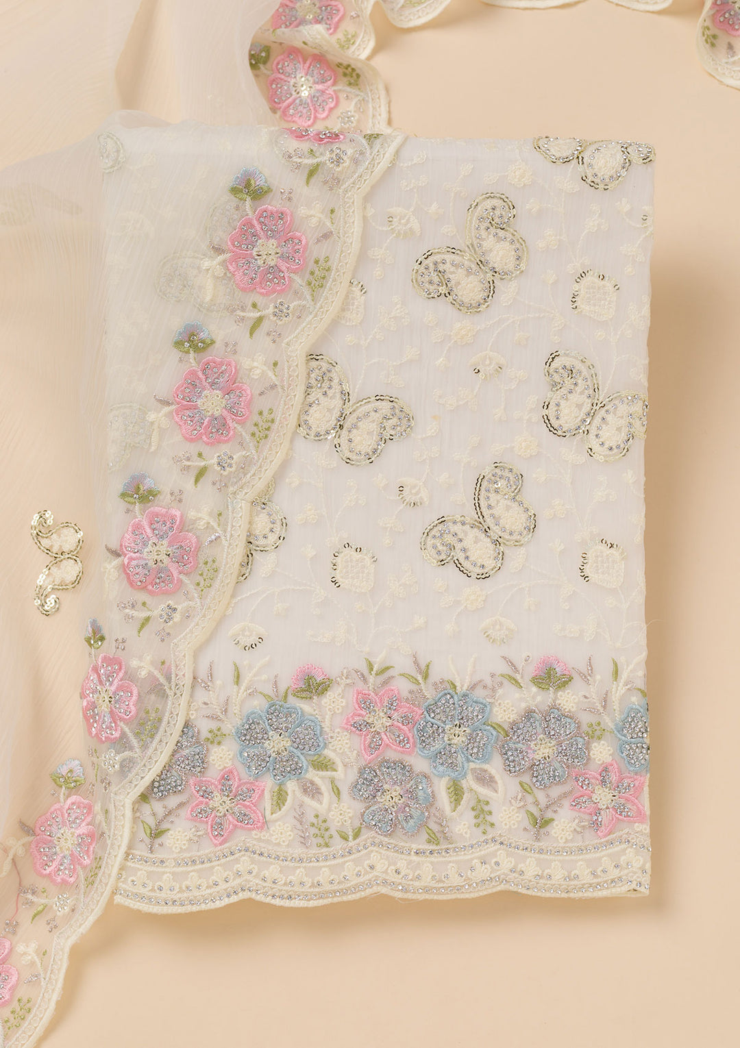 Cream Threadwork Georgette Unstitched Salwar Suit