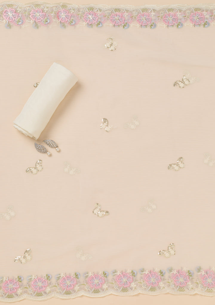 Cream Threadwork Georgette Unstitched Salwar Suit