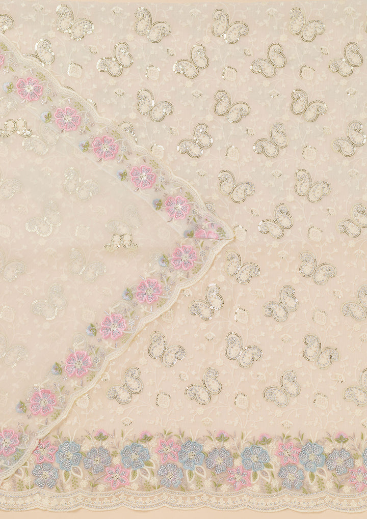 Cream Threadwork Georgette Unstitched Salwar Suit