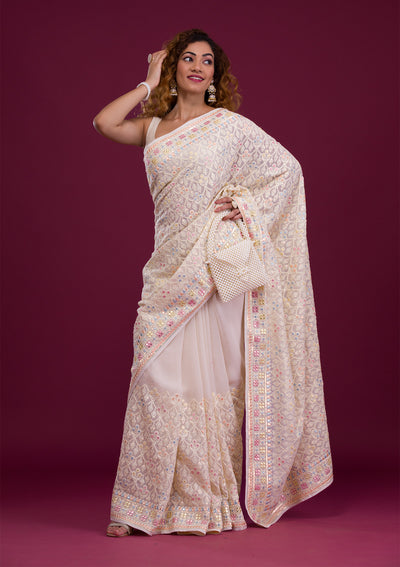 Cream Threadwork Georgette Saree-Koskii