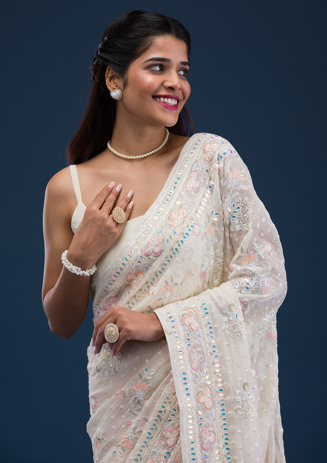 Cream Threadwork Georgette Saree