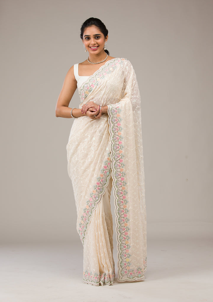 Cream Threadwork Georgette Saree