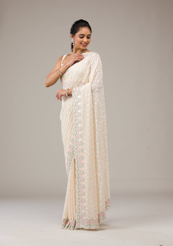 Cream Threadwork Georgette Saree