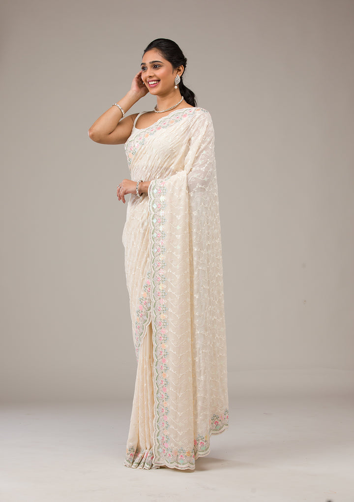 Cream Threadwork Georgette Saree