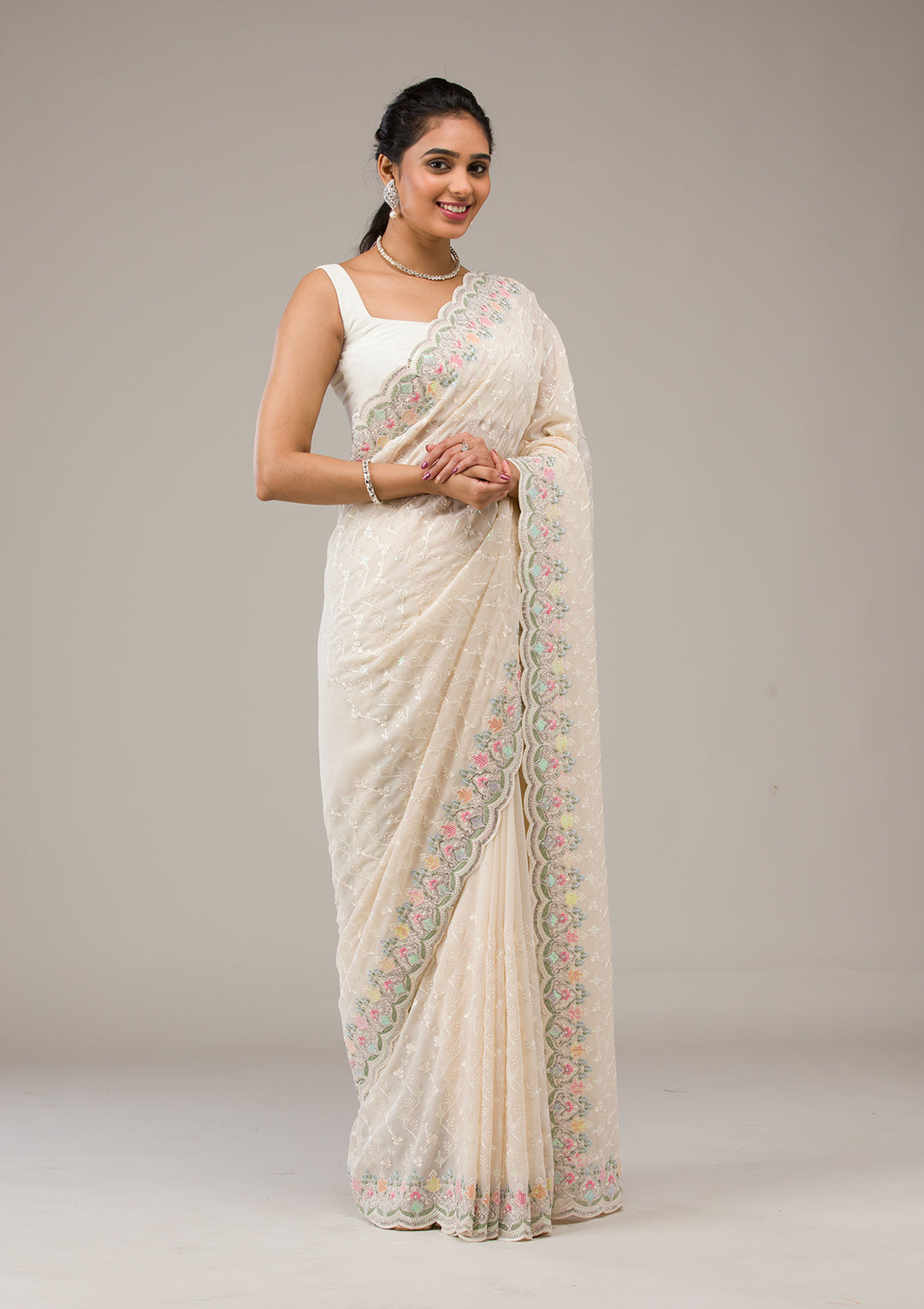 Cream Threadwork Georgette Saree