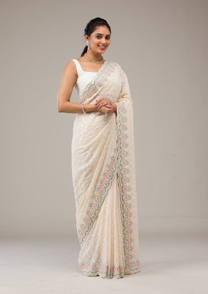 Cream Threadwork Georgette Saree