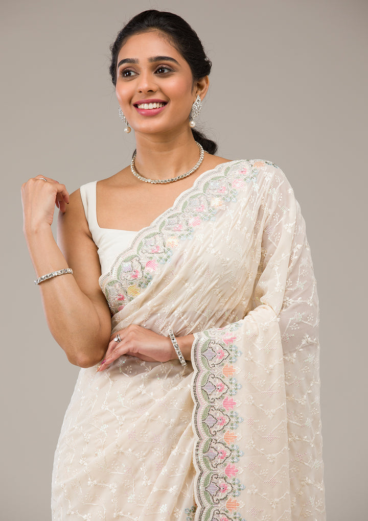 Cream Threadwork Georgette Saree
