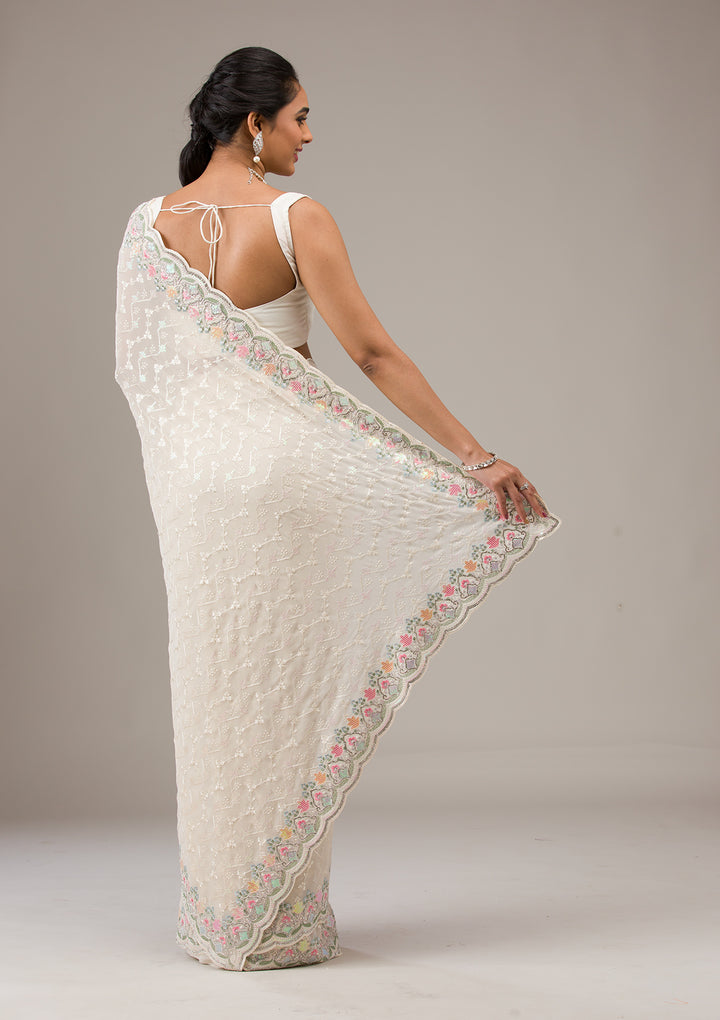 Cream Threadwork Georgette Saree