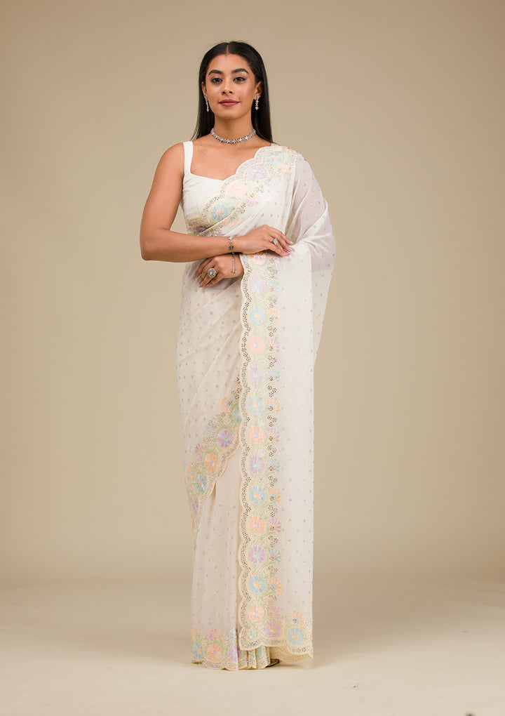 Cream Threadwork Georgette Saree
