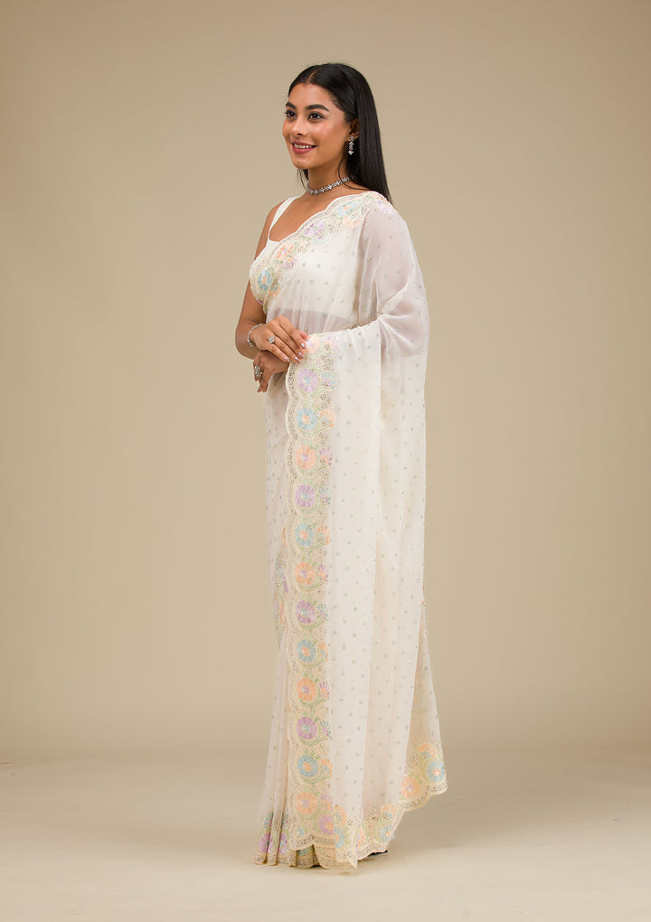 Cream Threadwork Georgette Saree
