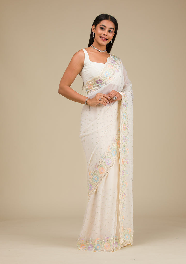 Cream Threadwork Georgette Saree
