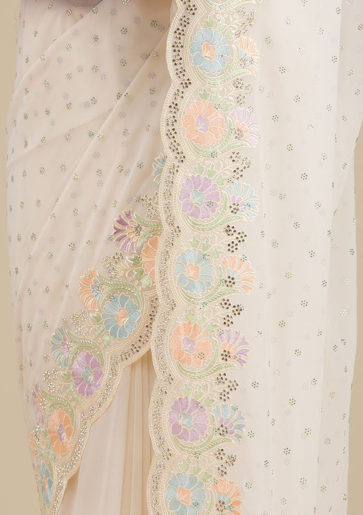 Cream Threadwork Georgette Saree