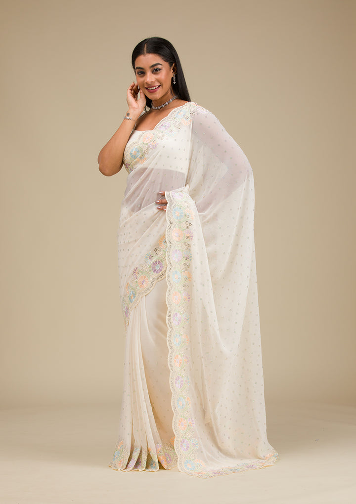 Cream Threadwork Georgette Saree
