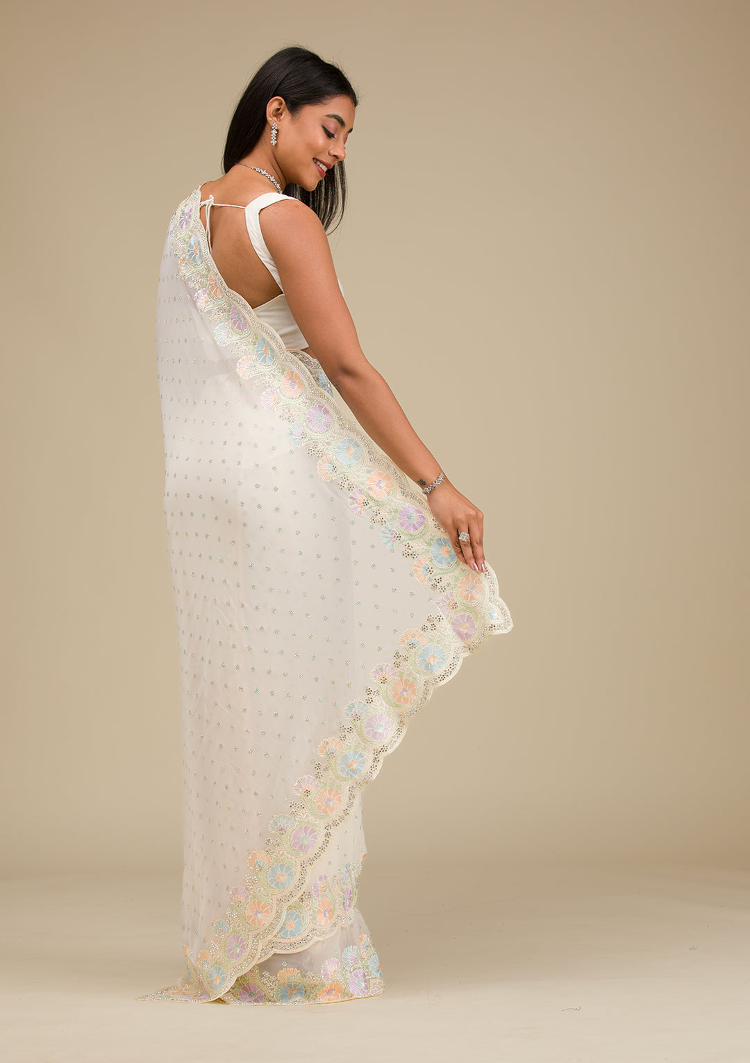 Cream Threadwork Georgette Saree