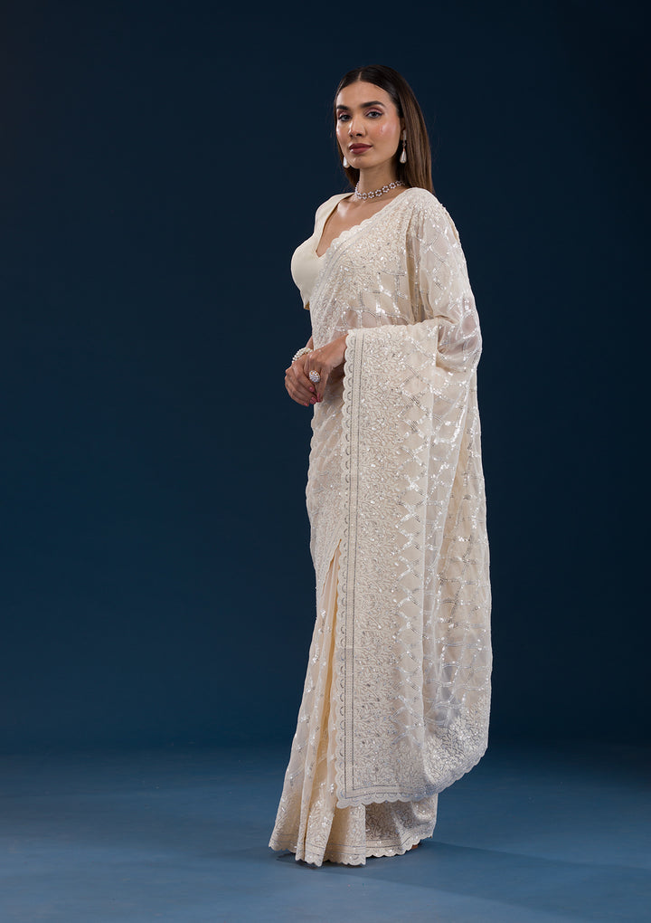 Cream Threadwork Georgette Saree