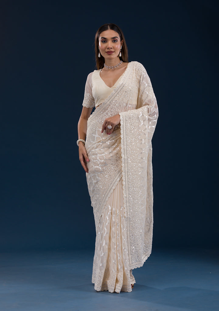 Cream Threadwork Georgette Saree