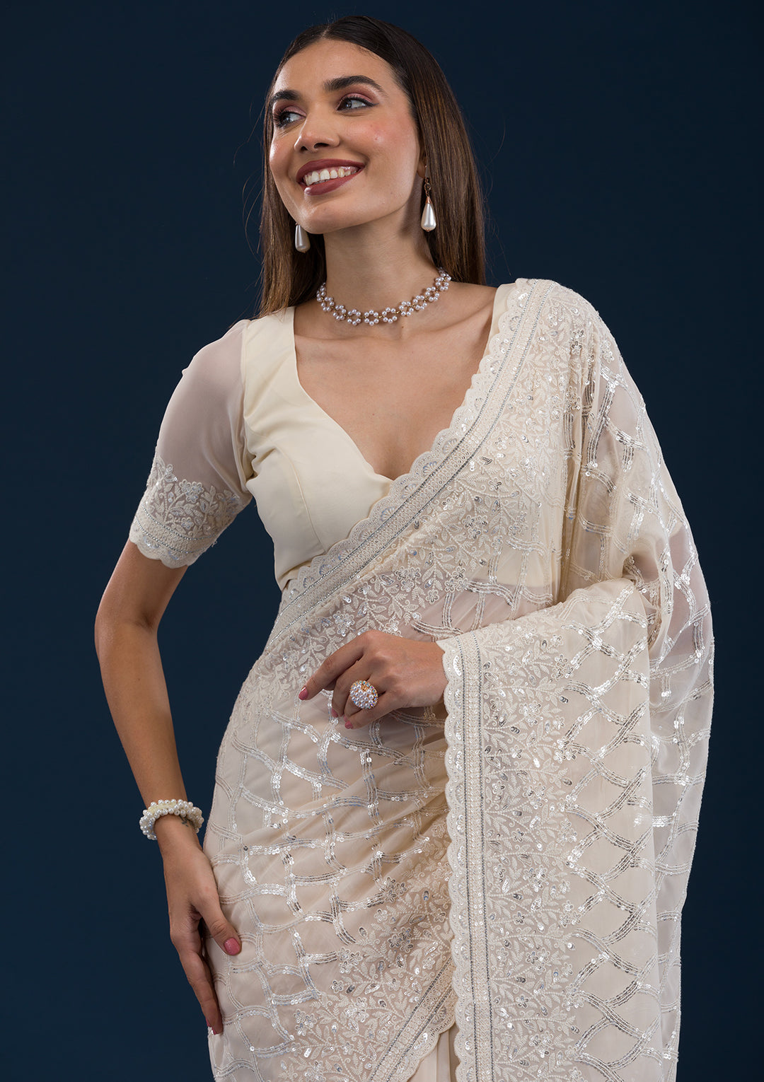 Cream Threadwork Georgette Saree