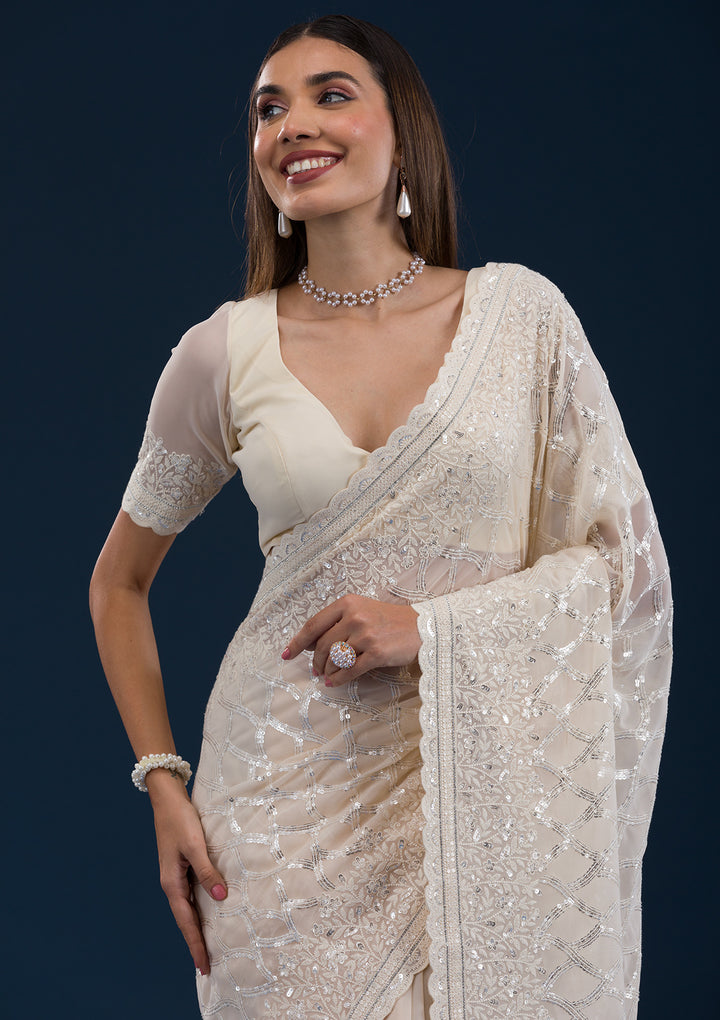 Cream Threadwork Georgette Saree