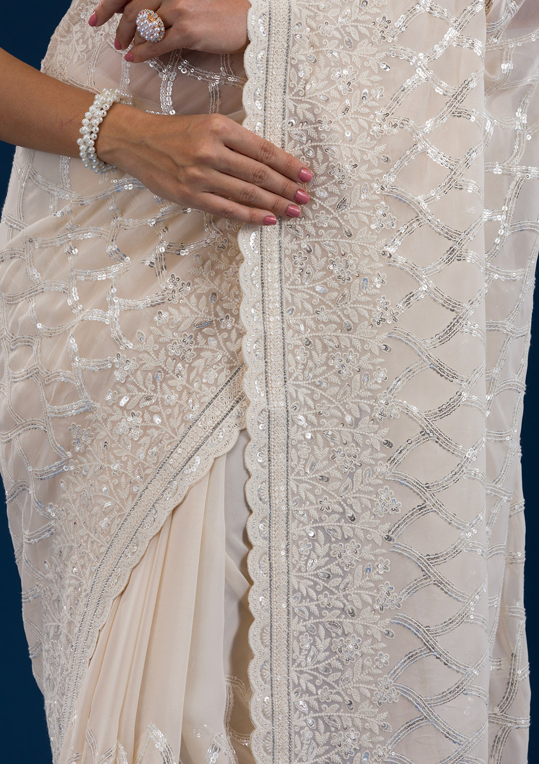 Cream Threadwork Georgette Saree