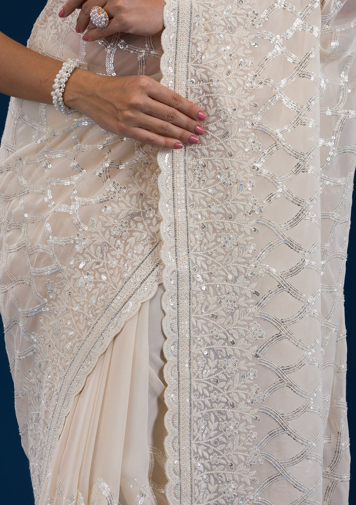 Cream Threadwork Georgette Saree