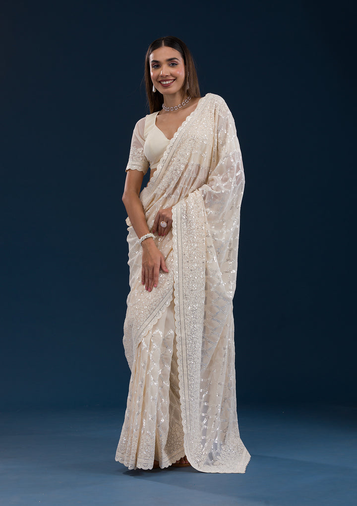 Cream Threadwork Georgette Saree