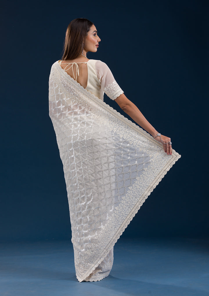 Cream Threadwork Georgette Saree