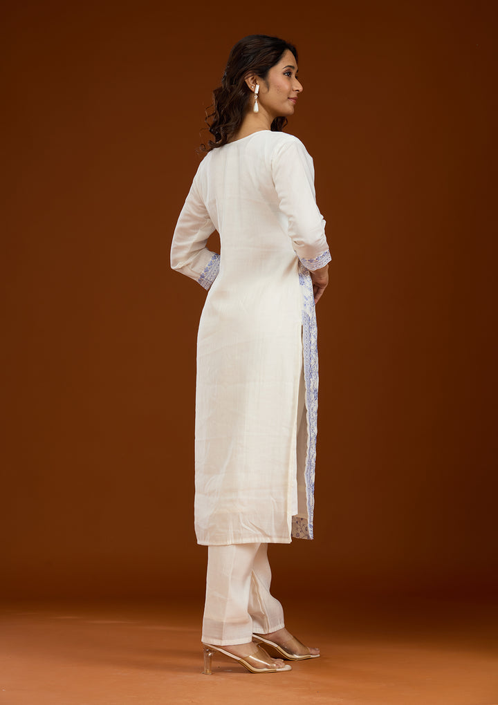 Cream Threadwork Semi Crepe Readymade Salwar Suit