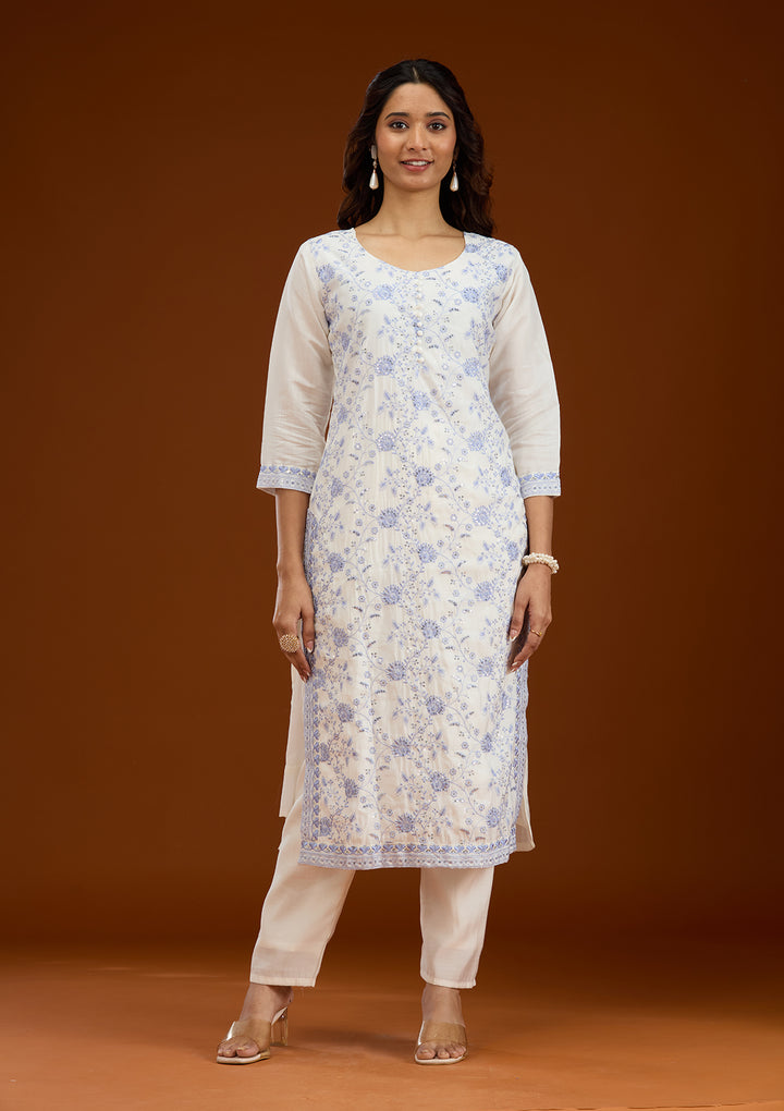 Cream Threadwork Semi Crepe Readymade Salwar Suit