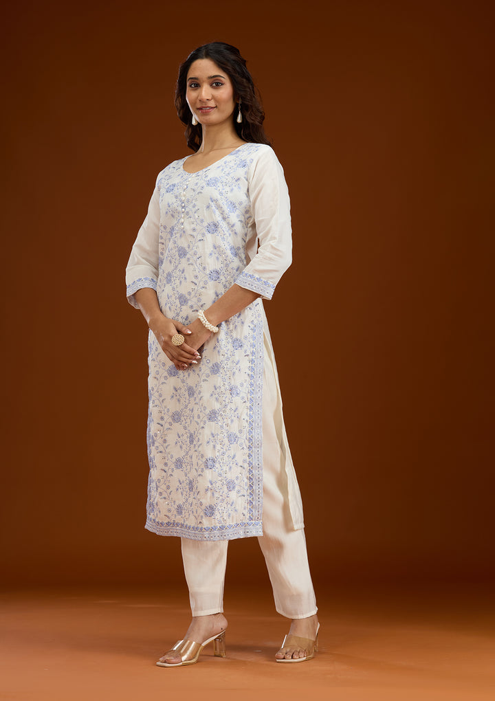 Cream Threadwork Semi Crepe Readymade Salwar Suit