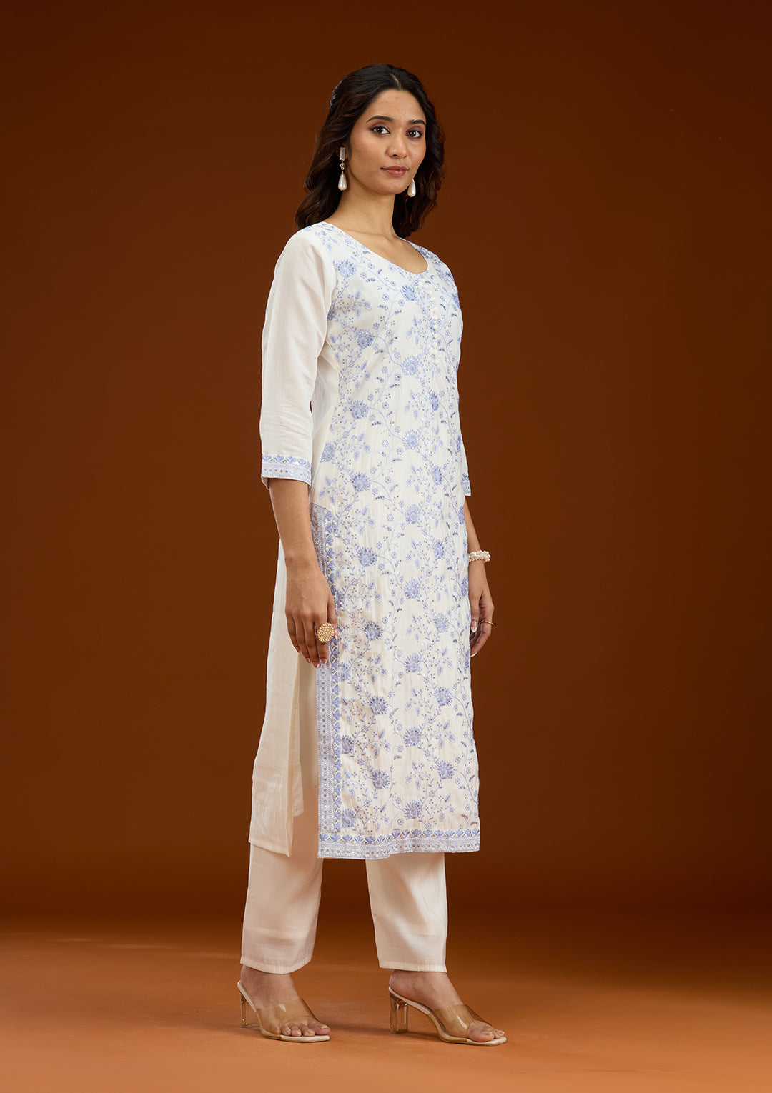 Cream Threadwork Semi Crepe Readymade Salwar Suit