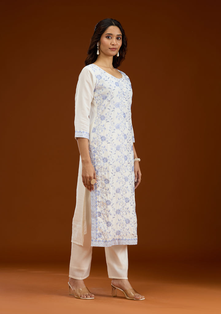 Cream Threadwork Semi Crepe Readymade Salwar Suit