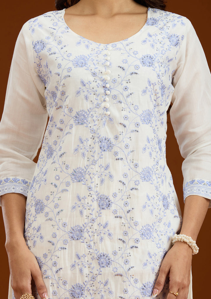 Cream Threadwork Semi Crepe Readymade Salwar Suit