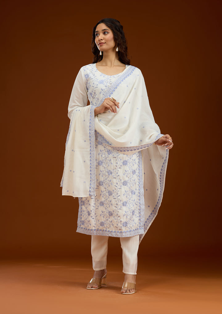 Cream Threadwork Semi Crepe Readymade Salwar Suit