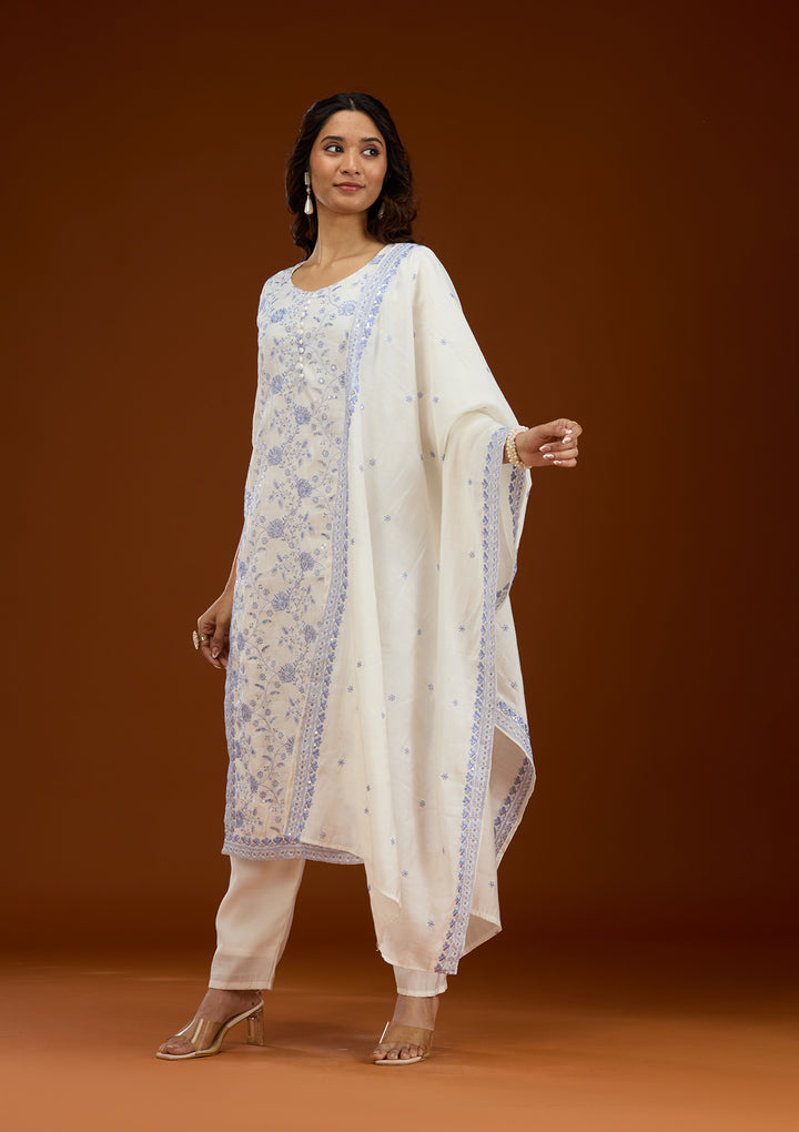 Cream Threadwork Semi Crepe Readymade Salwar Suit