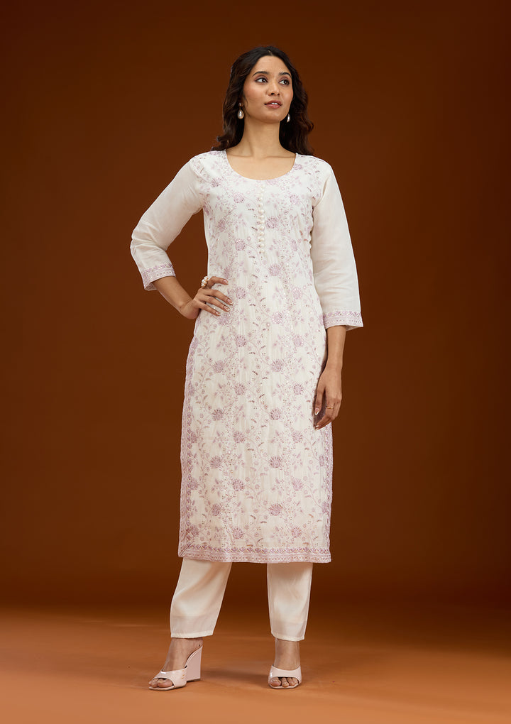 Cream Threadwork Semi Crepe Readymade Salwar Suit