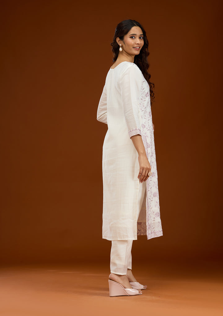 Cream Threadwork Semi Crepe Readymade Salwar Suit