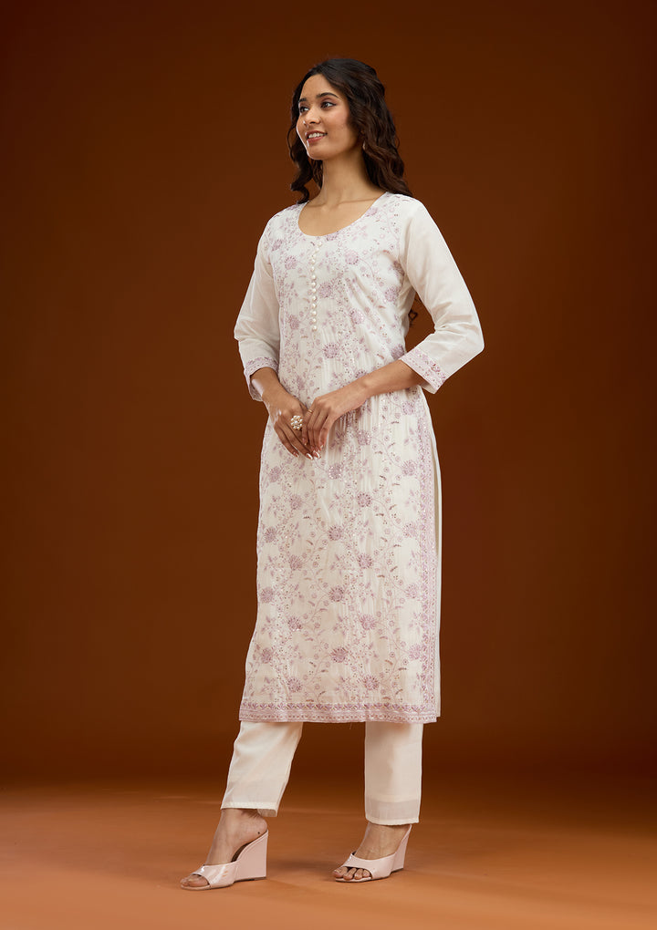 Cream Threadwork Semi Crepe Readymade Salwar Suit