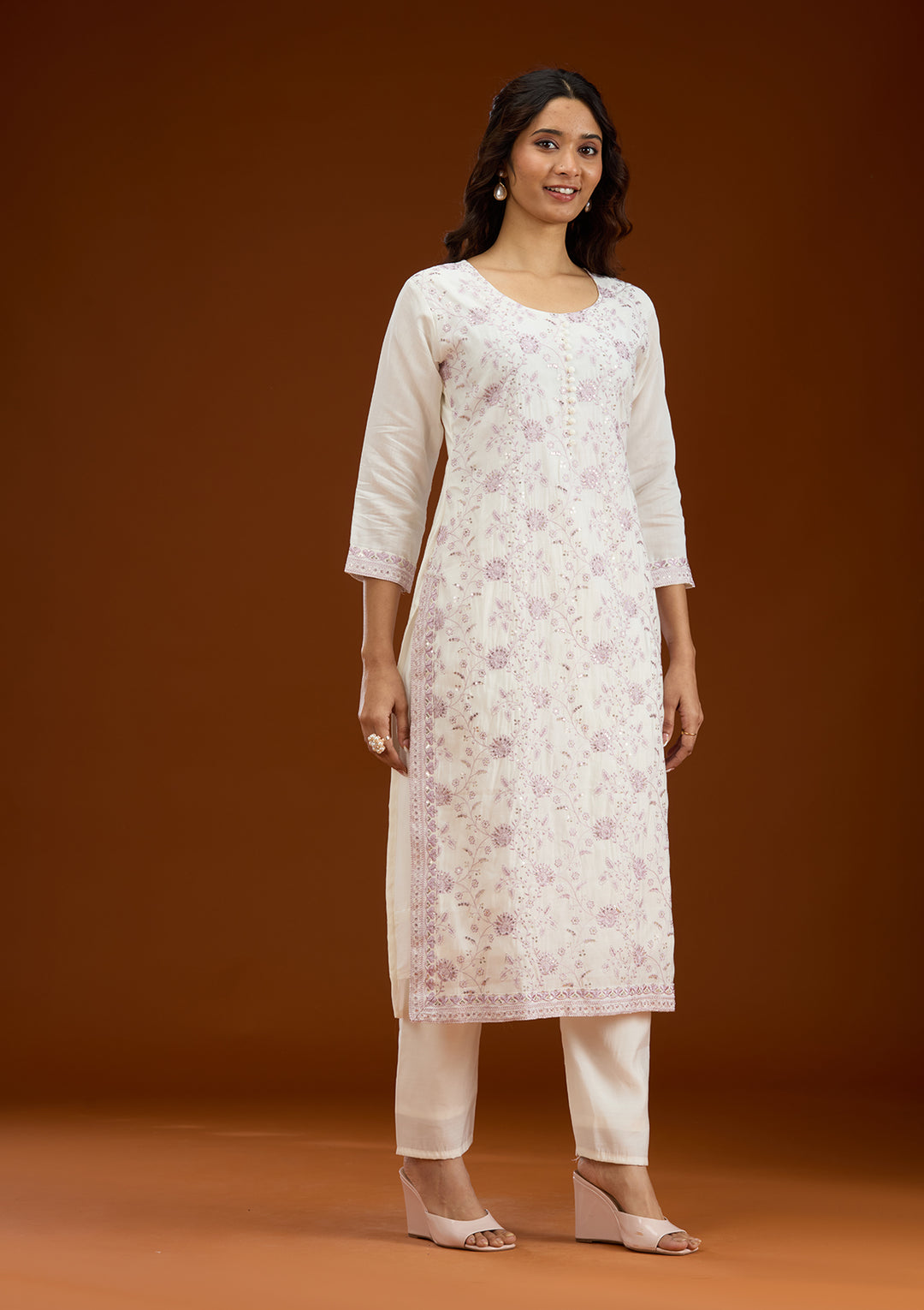 Cream Threadwork Semi Crepe Readymade Salwar Suit